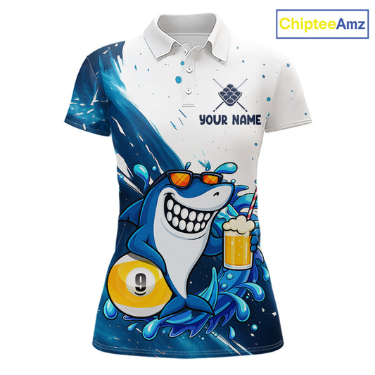 Blue and white funny shark 9 ball pool billiard team jersey polo shirt for women, custom pool league apparel and tournament jersey.