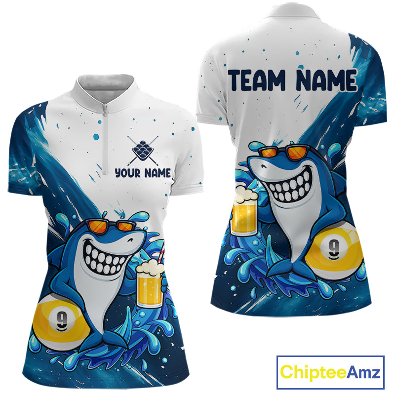 Blue and white funny shark 9 ball pool billiard quarter zip shirt for women, personalized billiard team jersey.