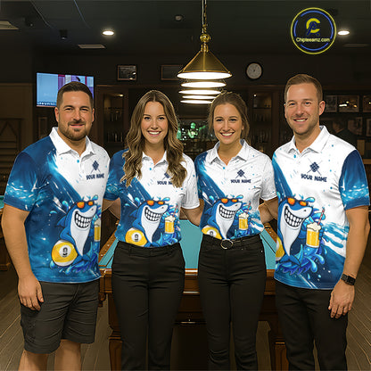 Billiard team wearing matching blue and white funny shark 9 ball pool jerseys front view.