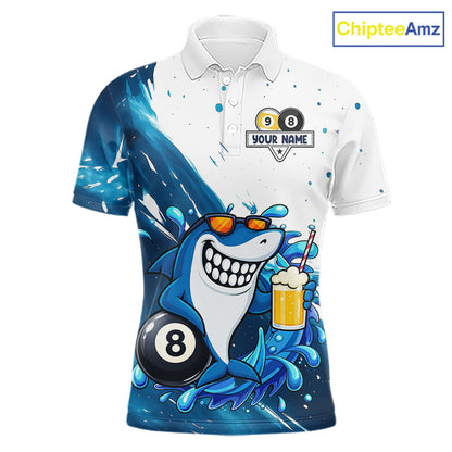 Custom blue funny shark 8 ball and 9 ball pool billiard team jersey polo shirt for men, personalized pool league apparel and tournament jersey.