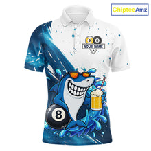 Load image into Gallery viewer, Custom blue funny shark 8 ball and 9 ball pool billiard team jersey polo shirt for men, personalized pool league apparel and tournament jersey.