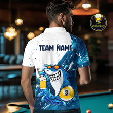 Load image into Gallery viewer, Man wearing custom blue funny shark 8 ball and 9 ball pool billiard polo shirt back view.
