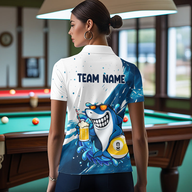 Woman wearing custom blue funny shark 8 ball and 9 ball pool billiard polo shirt back view.