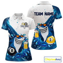 Load image into Gallery viewer, Custom blue funny shark 8 ball and 9 ball pool billiard team jersey polo shirt for women, personalized pool league apparel and tournament jersey.