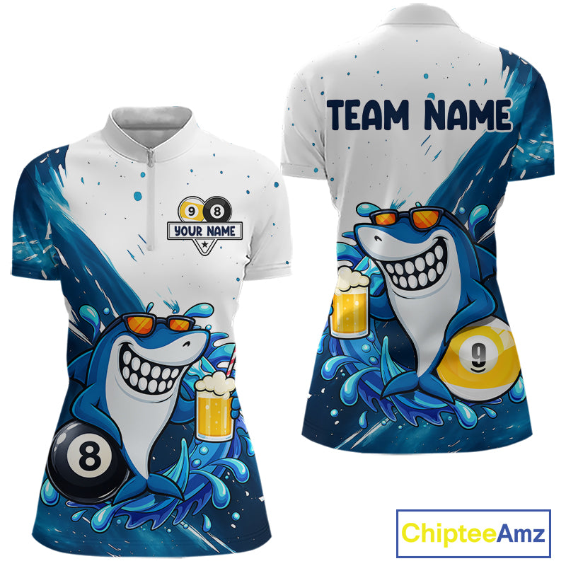 Custom blue funny shark 8 ball and 9 ball pool billiard quarter zip shirt for women, personalized billiard team jersey.