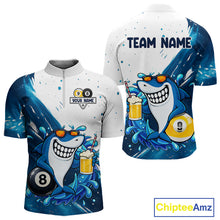 Load image into Gallery viewer, Custom blue funny shark 8 ball and 9 ball pool billiard quarter zip shirt for men, personalized billiard team jersey.