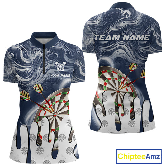 Personalized Marble Swirl Dart Shirts For Women Custom Funny Darts Team Jersey Polo & 1/4 Zip |Blue TDM4161