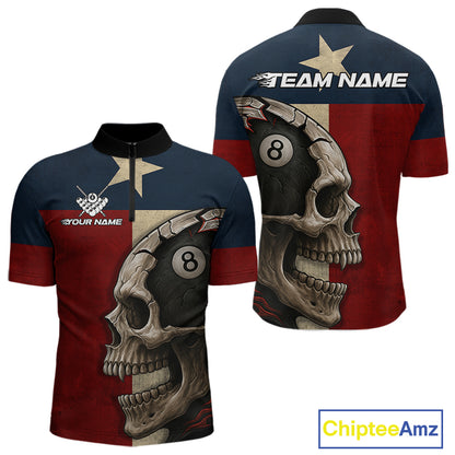 Personalized Grunge Texas Flag Skull Billiard Shirt For Men, 8 Ball Patriotic Pool Team Jerseys TDM4158