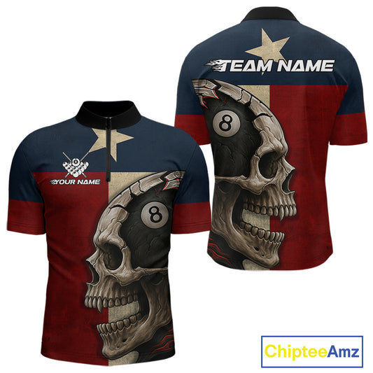 Personalized Grunge Texas Flag Skull Billiard Shirt For Men, 8 Ball Patriotic Pool Team Jerseys TDM4158