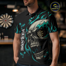 Load image into Gallery viewer, Personalized Turquoise Flaming Skull Darts Shirt For Men Custom Darts Jersey Team Polo &amp; 1/4 Zip TDM4763