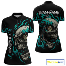 Load image into Gallery viewer, Personalized Turquoise Flaming Skull Darts Shirt For Women Custom Darts Jersey Team Polo &amp; 1/4 Zip TDM4763