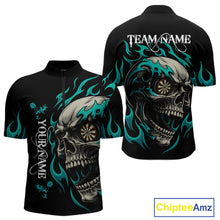 Load image into Gallery viewer, Personalized Turquoise Flaming Skull Darts Shirt For Men Custom Darts Jersey Team Polo &amp; 1/4 Zip TDM4763