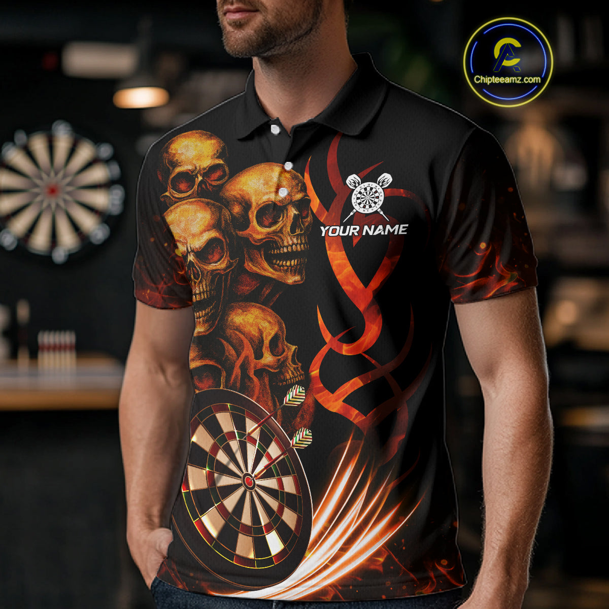 Custom Skull Fire Darts Jersey For Men, Black And Orange Darts Polo & Quarter Zip Team Shirt TDM4576