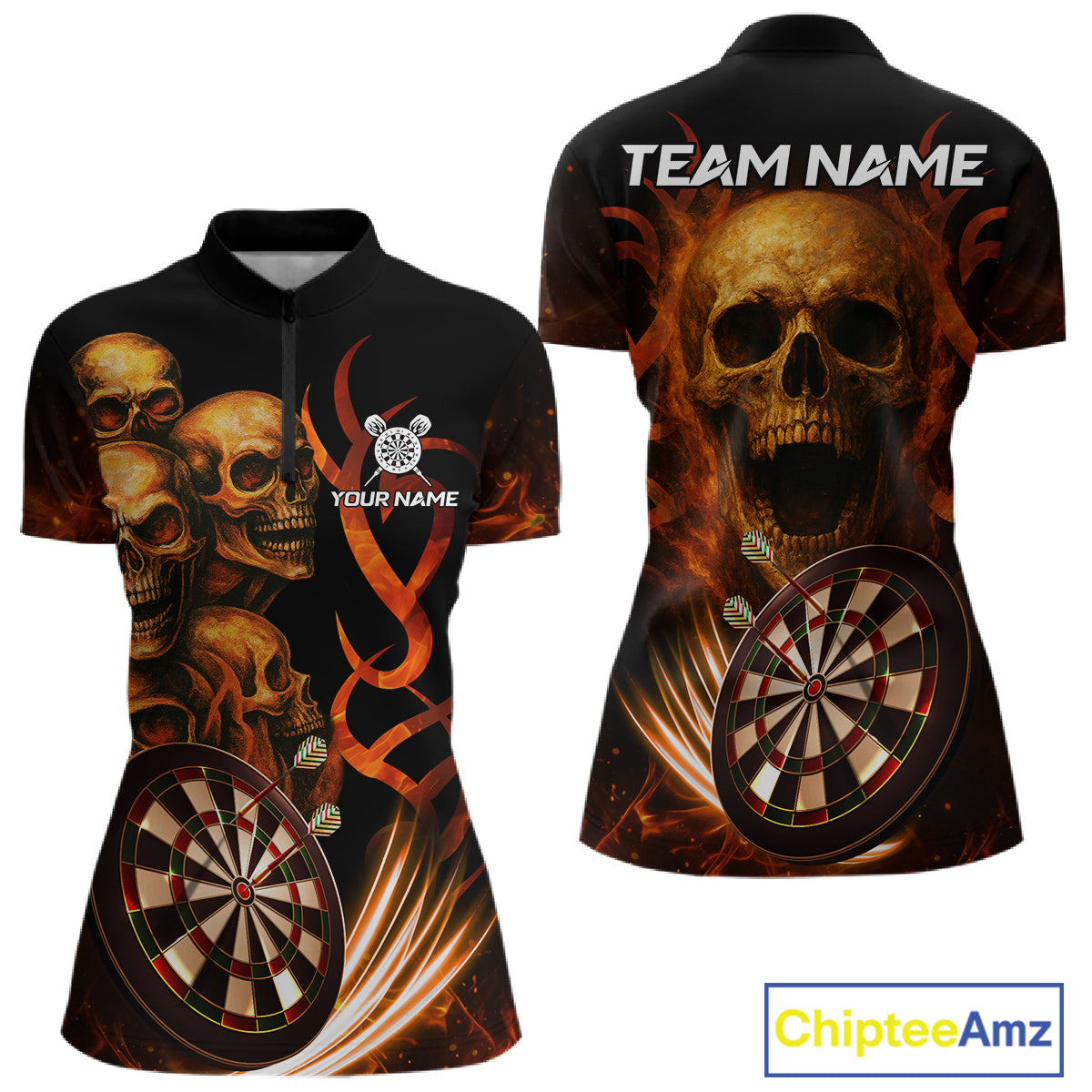 Custom Skull Fire Darts Jersey For Women, Black And Orange Darts Polo & Quarter Zip Team Shirt TDM4576