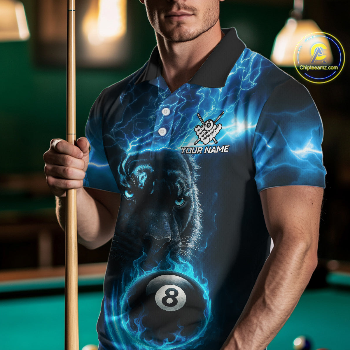 Custom Panther Billiard Polo & 1/4 Zip For Men, Blue Flame 8 Ball Lightning Pool Team Jersey TDM4580