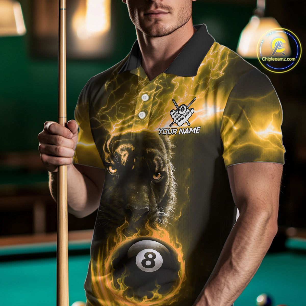 Custom Panther Billiard Polo & 1/4 Zip For Men, Yellow Flame 8 Ball Lightning Pool Team Jersey TDM4581