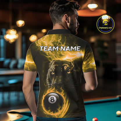 Custom Panther Billiard Polo & 1/4 Zip For Men, Yellow Flame 8 Ball Lightning Pool Team Jersey TDM4581