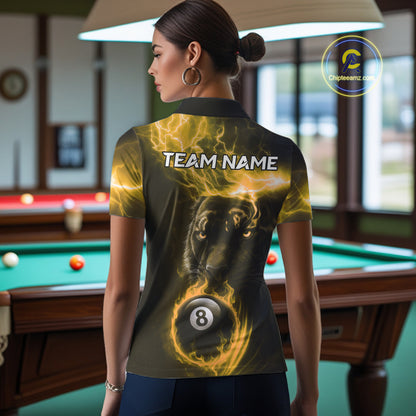 Custom Panther Billiard Polo & 1/4 Zip For Women, Yellow Flame 8 Ball Lightning Pool Team Jersey TDM4581