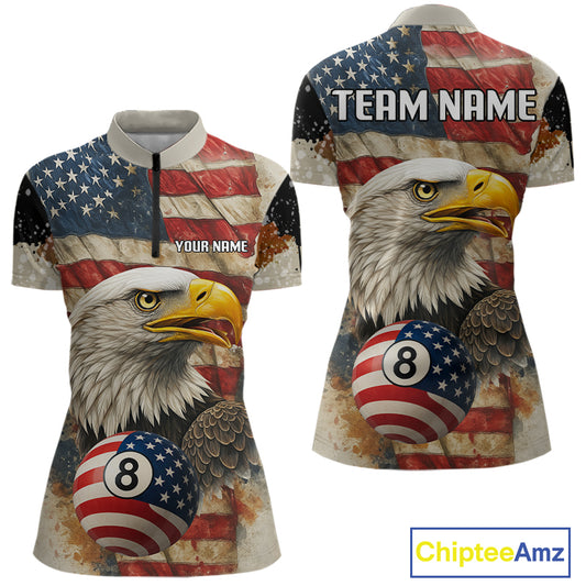 Personalized Patriotic Eagle 8 Ball Billiard Shirt For Women, Vintage American Flag Pool Team Jersey TDM4218