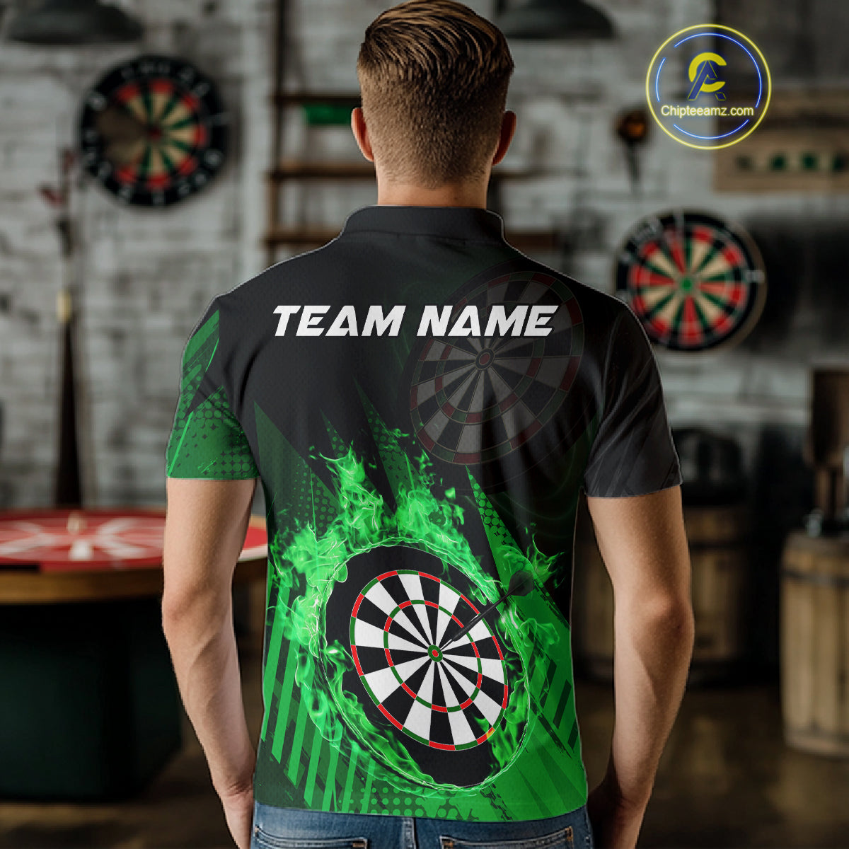 Green Dartboard Fire Flame Darts Shirt For Men Custom Darts Jersey, Dart Team Shirt Polo & 1/4 Zip TDM4799