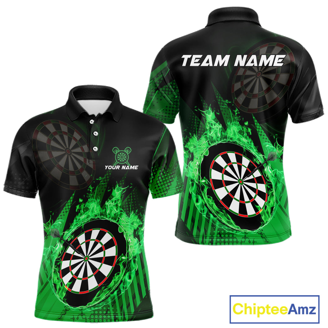 Green Dartboard Fire Flame Darts Shirt For Men Custom Darts Jersey, Dart Team Shirt Polo & 1/4 Zip TDM4799