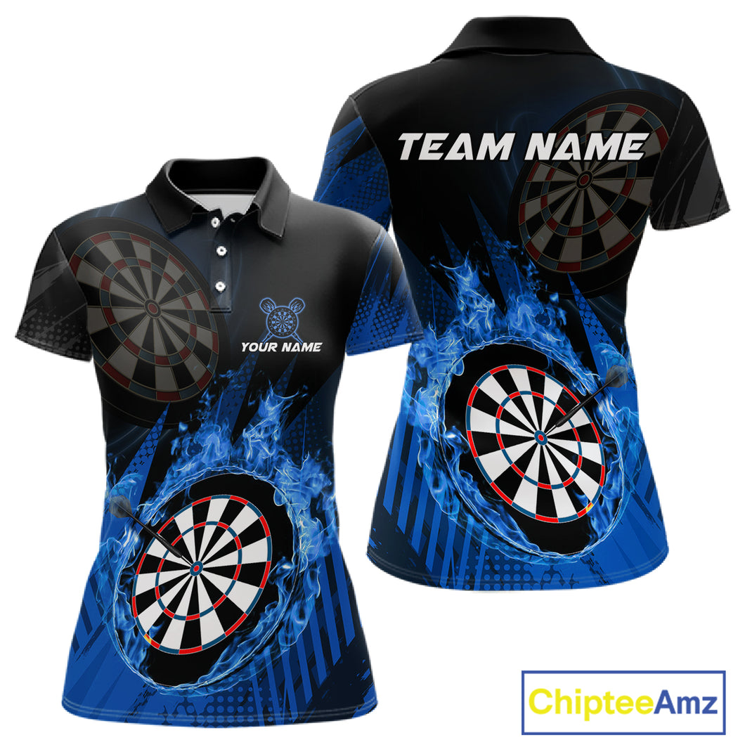 Blue Dartboard Fire Flame Darts Shirt For Women Custom Darts Jersey, Dart Team Shirt Polo & 1/4 Zip TDM4800