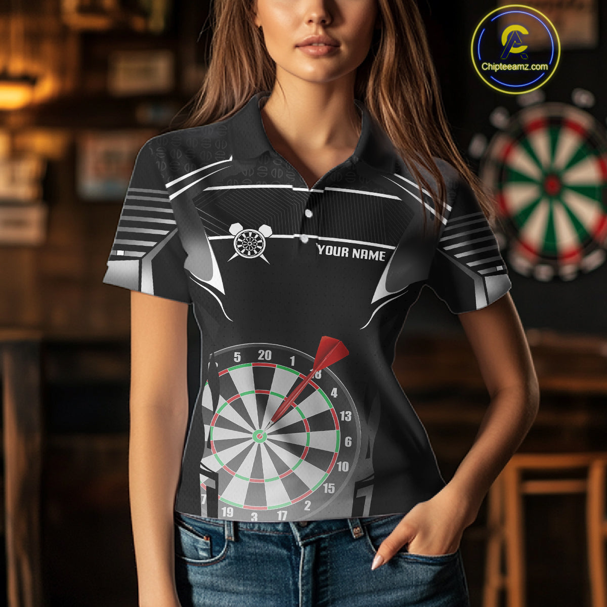 Black And White Dartboard Lights Custom Darts Polo & Quarter Zip For Women, 3D Darts Team Jersey TDM4802
