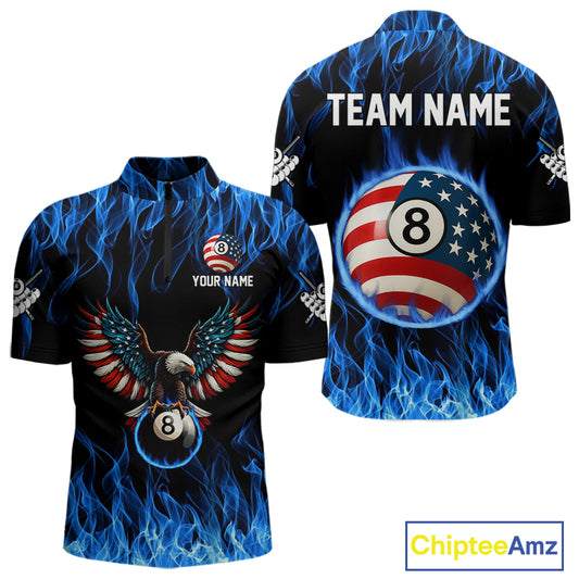 Blue Flaming American Flag Eagle 8 Ball Billiard Shirt For Men Custom Patriotic Pool Team Jersey TDM4231