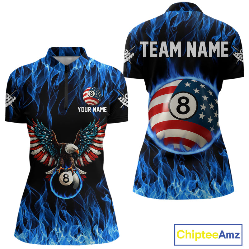 Blue Flaming American Flag Eagle 8 Ball Billiard Shirt For Women Custom Patriotic Pool Team Jersey TDM4231