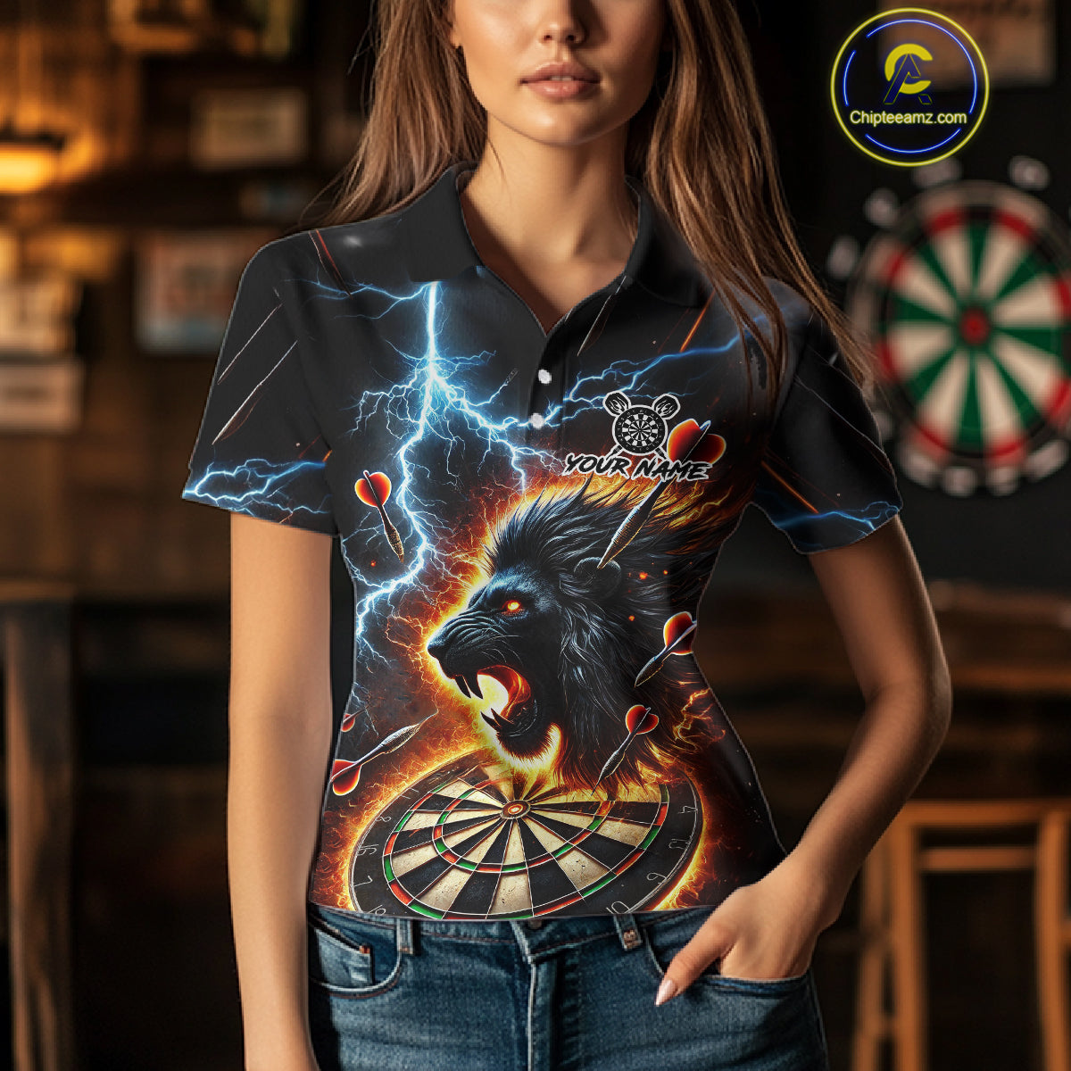 Personalized Thunder Lightning Lion Darts Shirt For Women Custom Darts League Jersey Polo & 1/4 Zip TDM4619