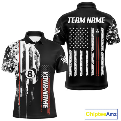 Personalized 8 Ball Skull Billiard Shirt For Men, American Flag Pool Team Jerseys Polo & 1/4 Zip TDM4629