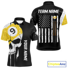 Load image into Gallery viewer, Personalized 9 Ball Skull Billiard Shirt For Men, American Flag Pool Team Jerseys Polo &amp; 1/4 Zip TDM4257