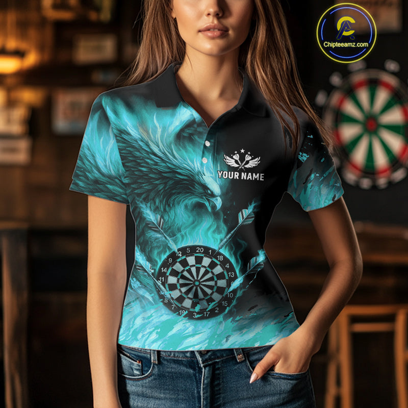Turquoise Flaming Phoenix Darts Jerseys Custom Darts Shirt For Women, Darts Team Polo & Quarter Zip TDM4662
