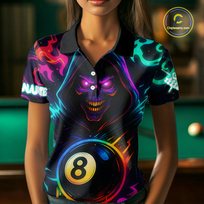 Colorful Neon Grim Reaper 8 Ball Pool Billiard Shirt For Women Custom Billiard Team Jersey TDM4668