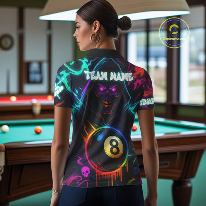 Colorful Neon Grim Reaper 8 Ball Pool Billiard Shirt For Women Custom Billiard Team Jersey TDM4668