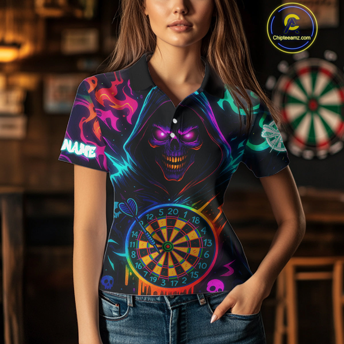 Colorful Neon Dartboard Grim Reaper Darts Shirt For Women Custom Darts Jerseys Team Polo & 1/4 Zip TDM4669