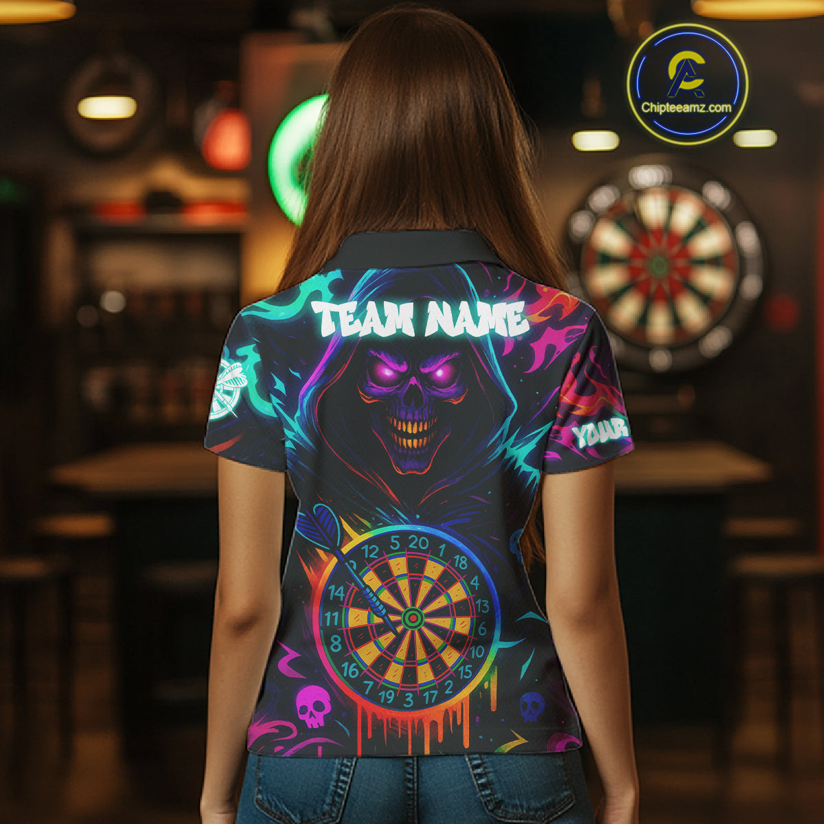 Colorful Neon Dartboard Grim Reaper Darts Shirt For Women Custom Darts Jerseys Team Polo & 1/4 Zip TDM4669