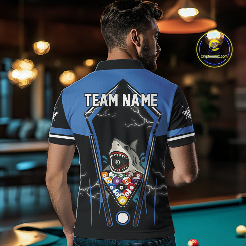 Black Blue Funny Pool And Shark Billiard Shirts For Men Custom 8 Ball Billiard Team Jerseys TDM4081