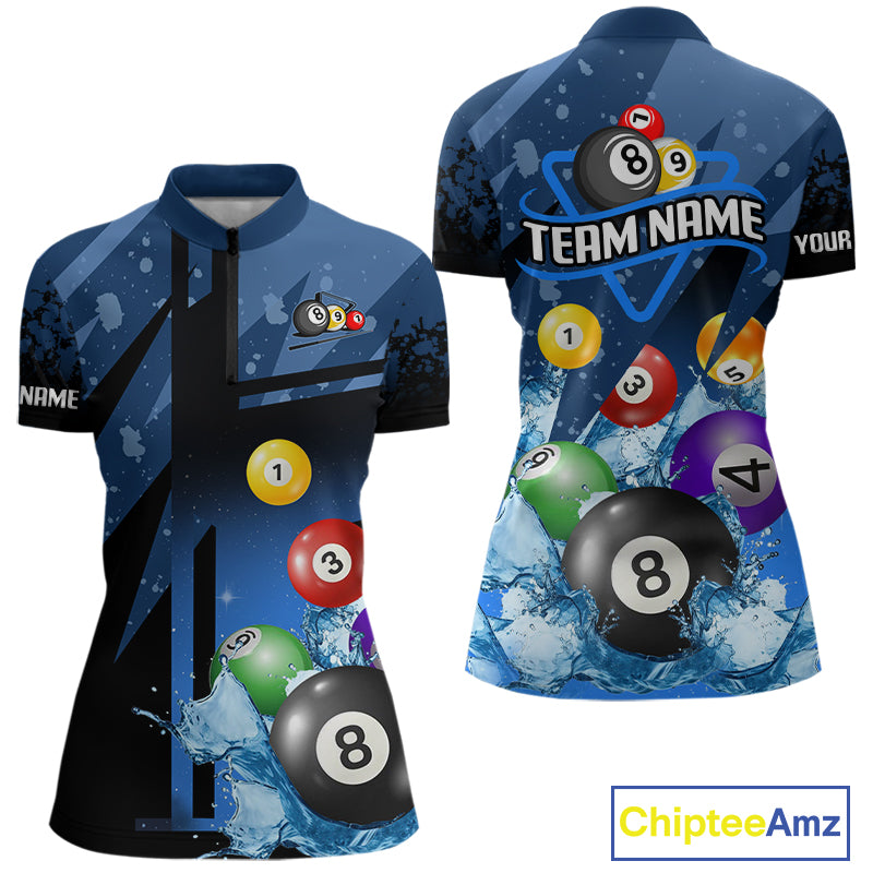 Blue Billiard Jerseys For Women Custom 3D Pool Balls Billiard Shirts Team Polo & Quarter Zip TDM4087