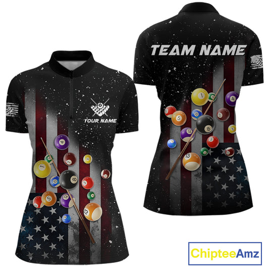 Personalized Patriotic Billiard Jerseys For Women Custom American Flag Grunge Billiard Team Shirt  TDM4454