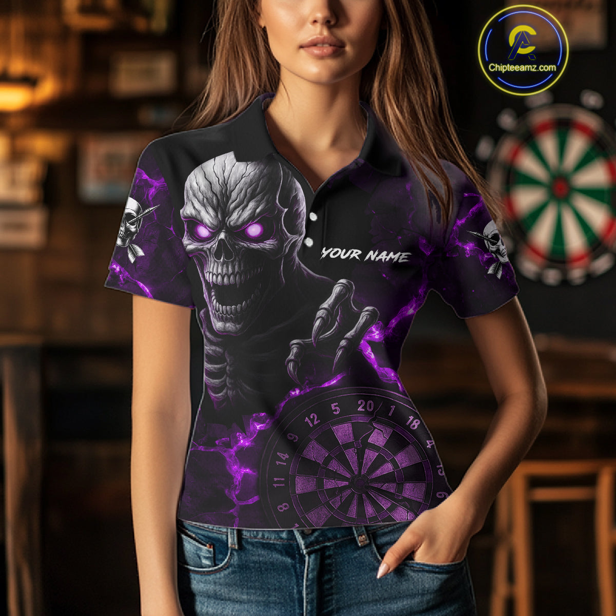 Personalized Skull Darts Polo & Quarter Zip For Women Custom Fire Darts League Team Jersey |Purple TDM4720