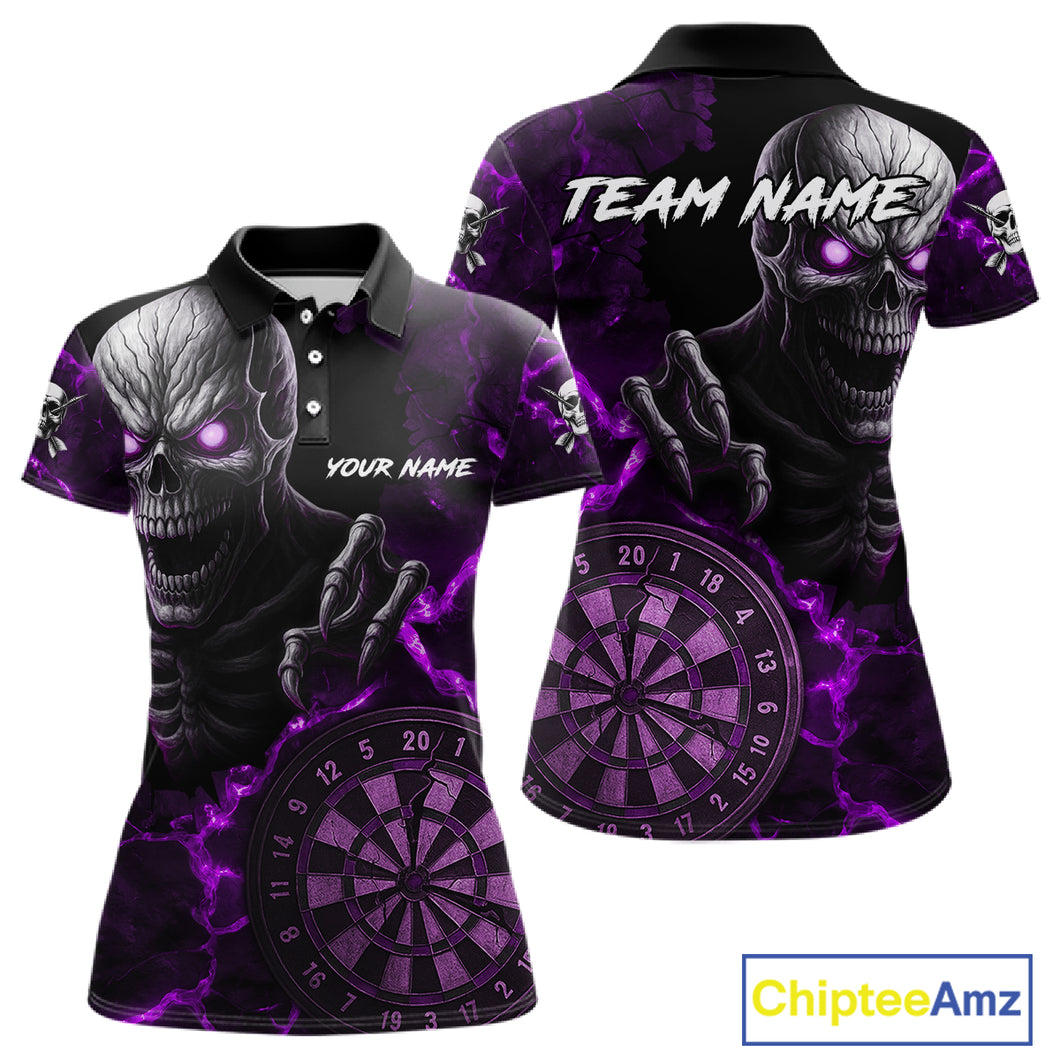 Personalized Skull Darts Polo & Quarter Zip For Women Custom Fire Darts League Team Jersey |Purple TDM4720
