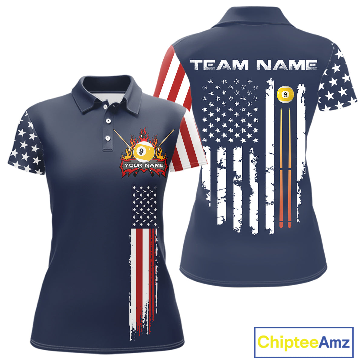 Personalized American Flag Blue Navy 9 Ball Pool Team Shirt For Women Custom Patriotic Billiard Shirt TDM4735