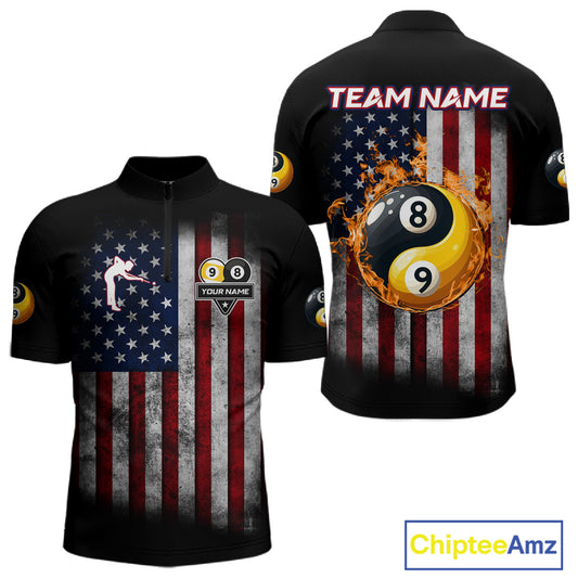 Grunge American Flag 8 & 9 Ball Yin-Yang Billiard Polo & 1/4 Zip Custom Pool Team Jersey For Men TDM4517