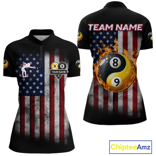 Grunge American Flag 8 & 9 Ball Yin-Yang Billiard Polo & 1/4 Zip Custom Pool Team Jersey For Women TDM4517