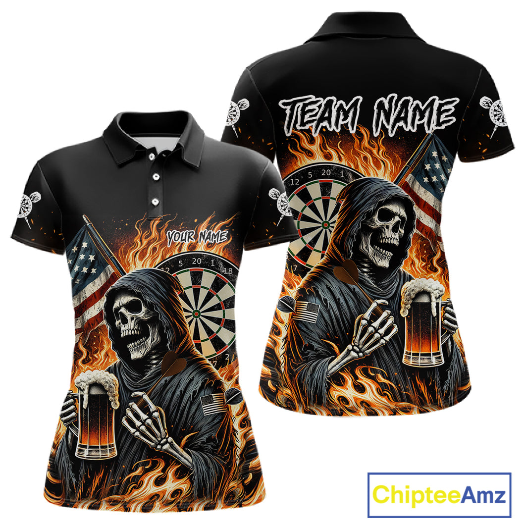 Flaming Grim Reaper Beer Darts Shirt Custom US Flag Darts Polo & Quarter Zip Jerseys For Women TDM4526