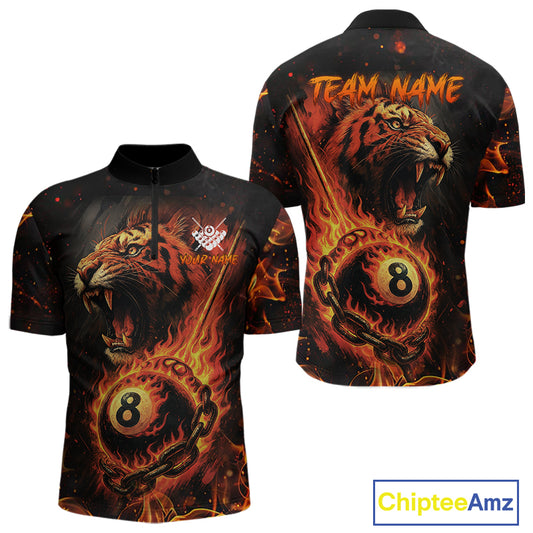 Personalized 8 Ball Chain Flame Tiger Billiard Shirt For Men, Pool Jerseys Polo & 1/4 Zip TDM4395