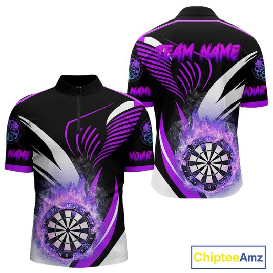 Personalized Purple Flame Dartboard Custom Darts Shirt For Men, Darts Jerseys Team Polo & 1/4 Zip TDM4404