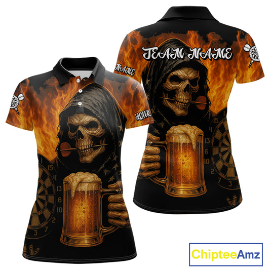 Personalized Funny Grim Reaper & Beer Fire Darts Shirt For Women, Dart Jersey Team Polo & 1/4 Zip TDM4486