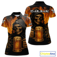 Load image into Gallery viewer, Personalized Funny Death Skeleton &amp; Beer Fire Darts Shirt For Women, Dart Jersey Team Polo &amp; 1/4 Zip TDM4486